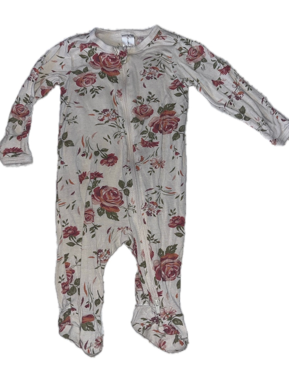 Floral Zip-Front Cream One-Piece Footie with Pink Rose Print